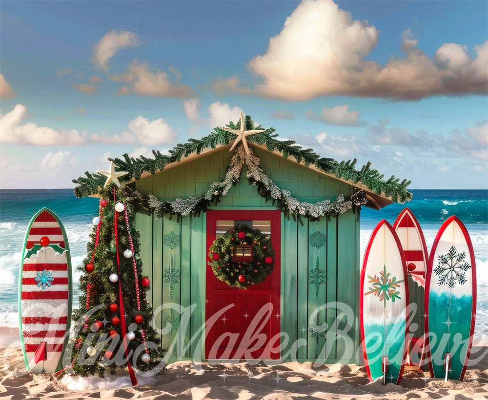 Kate Christmas Sea Beach Surfboard Hut Backdrop Designed by Mini MakeBelieve