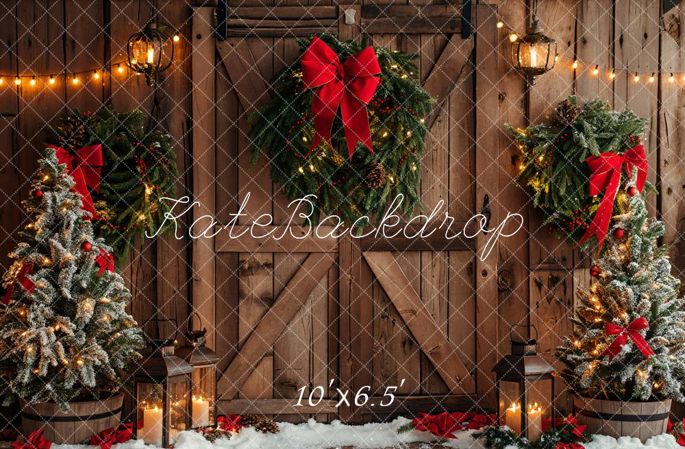 Kate Christmas Brown Wooden Barn Door Backdrop Designed by Emetselch - Kate Backdrop AU