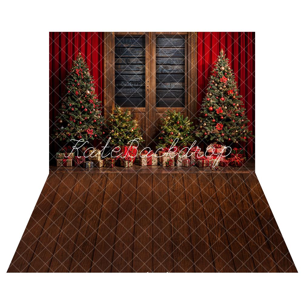 Kate Christmas Tree Red Wooden Backdrop+ Dark Brown Wooden Floor Backdrop - Kate Backdrop AU