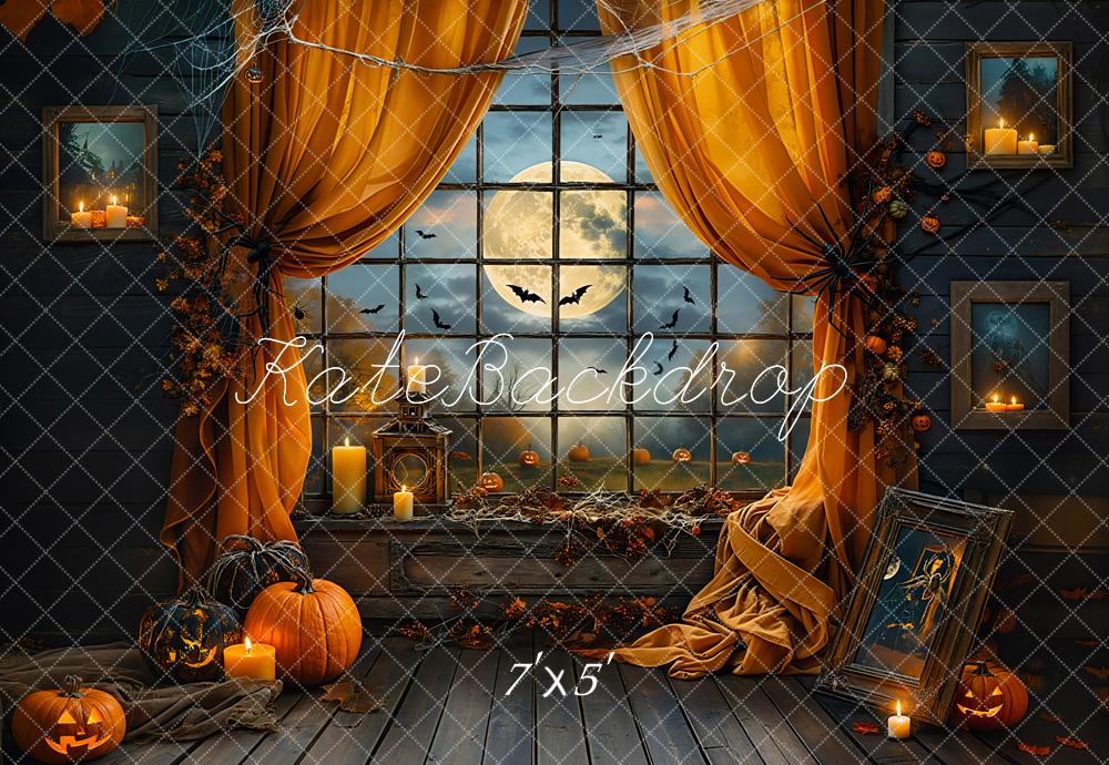 Kate Halloween Backdrop Night Bat Orange Window Curtain Designed by Emetselch