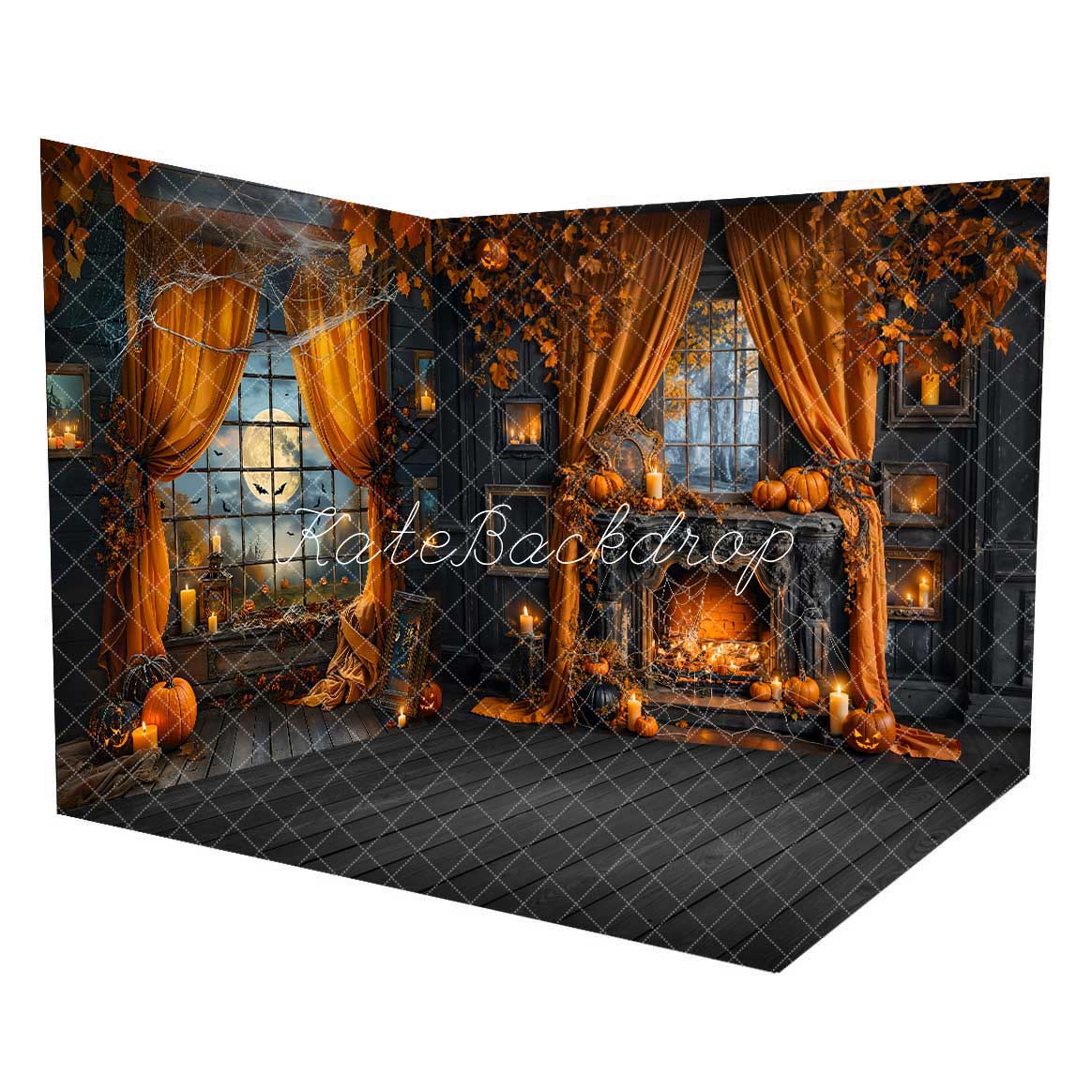 Kate Halloween Night Bat Orange Curtain Room Set(8ftx8ft&10ftx8ft&8ftx10ft) - Kate Backdrop AU