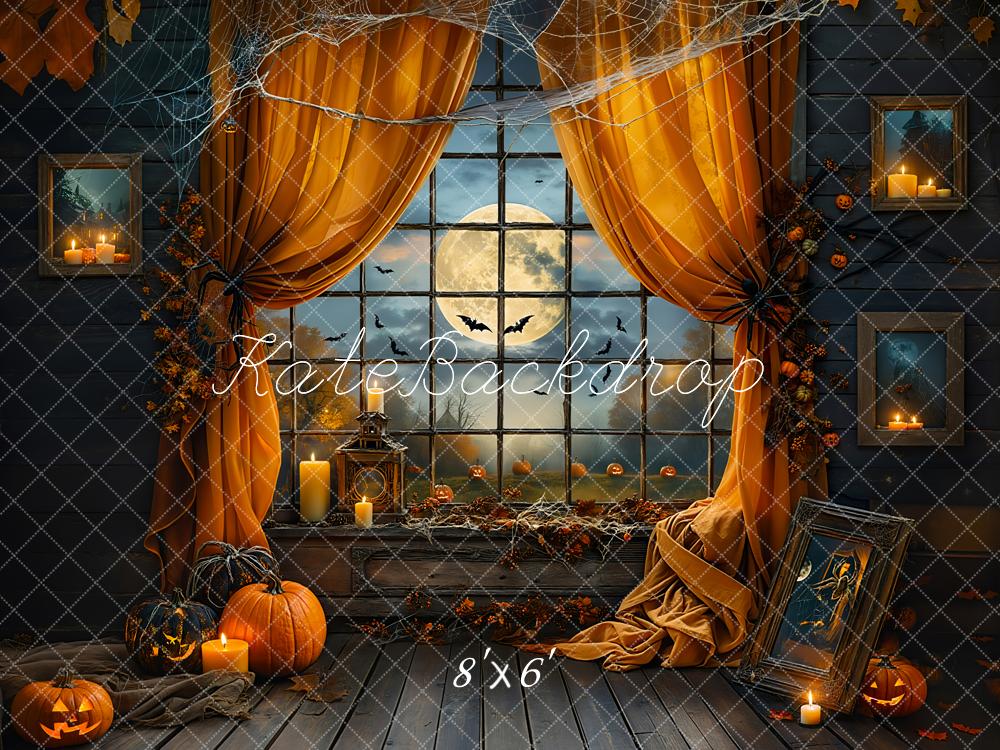 Kate Halloween Backdrop Night Bat Orange Window Curtain Designed by Emetselch