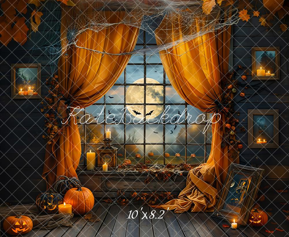 Kate Halloween Backdrop Night Bat Orange Window Curtain Designed by Emetselch