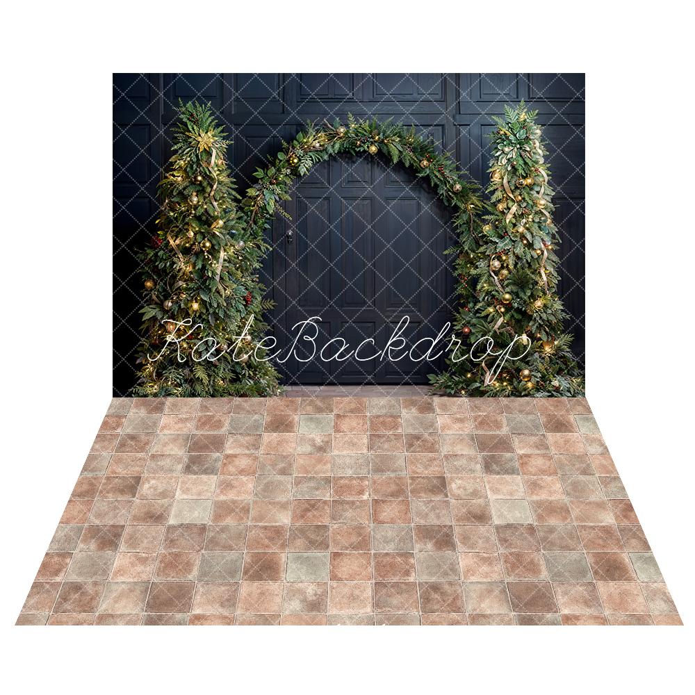 Kate Christmas Tree Arch Black Wall Backdrop+ Plaid Floor Backdrop - Kate Backdrop AU