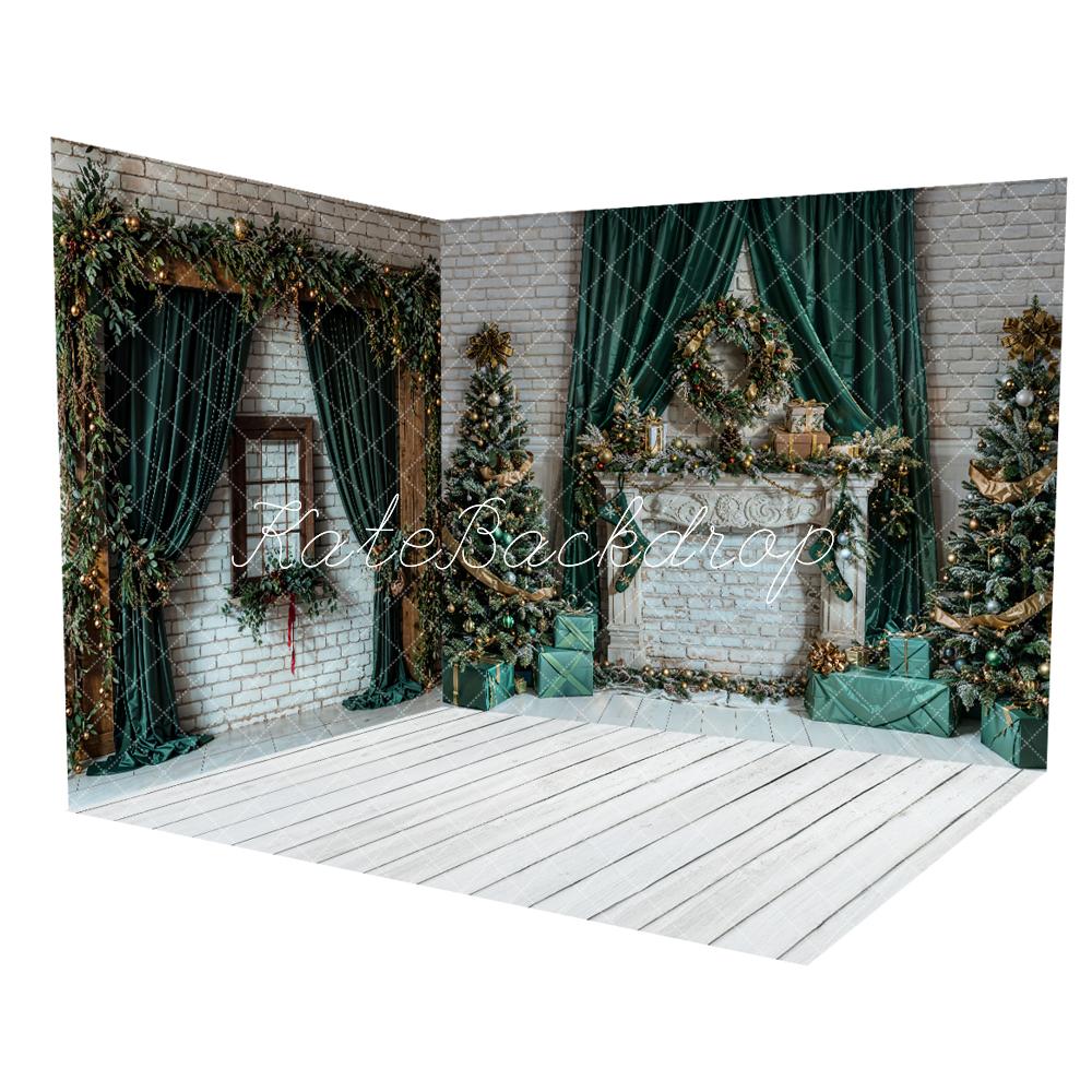 Kate Christmas White Retro Brick Fireplace Room Set(8ftx8ft&10ftx8ft&8ftx10ft) - Kate Backdrop AU