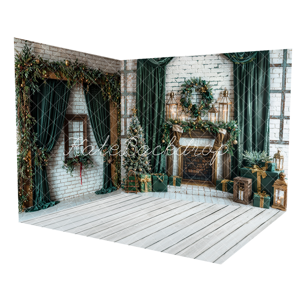 Kate Christmas White Brick Wall Green Curtains Fireplace Room Set(8ftx8ft&10ftx8ft&8ftx10ft) - Kate Backdrop AU