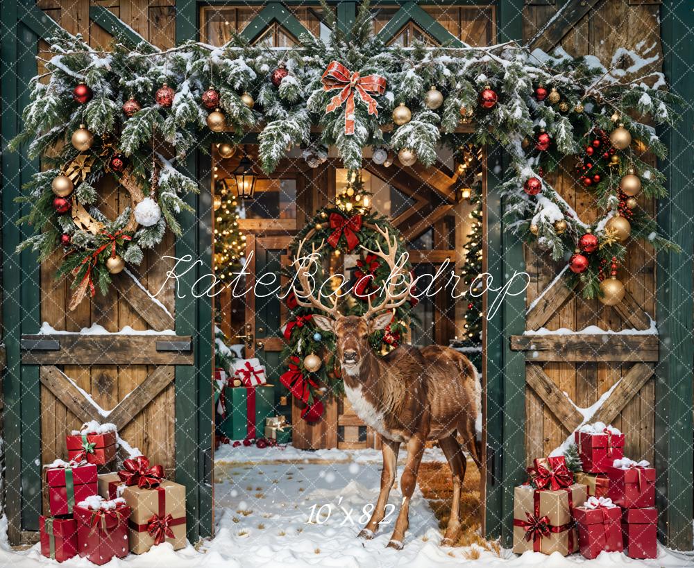 Kate Christmas Elk Wooden Barn Backdrop Designed by Emetselch - Kate Backdrop AU