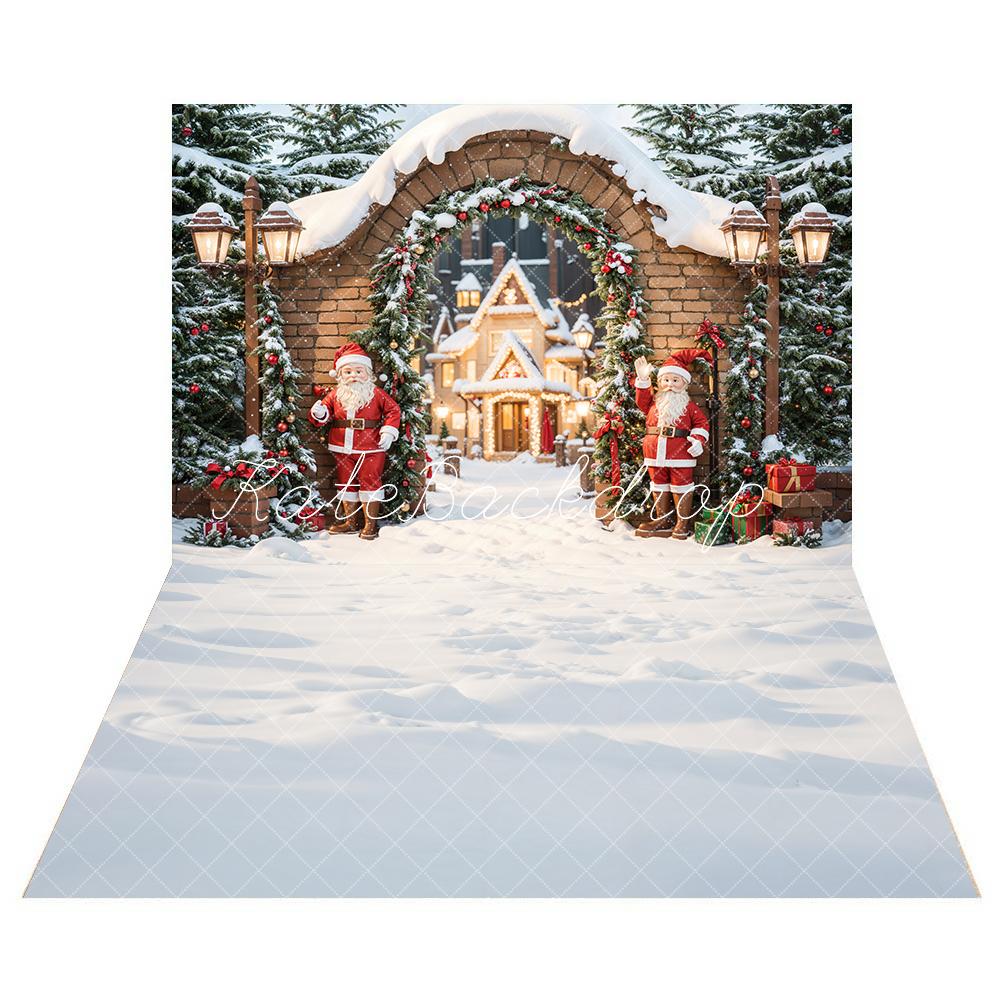Kate Christmas Santa Arched Brick Gate Backdrop + White snow Floor Backdrop - Kate Backdrop AU