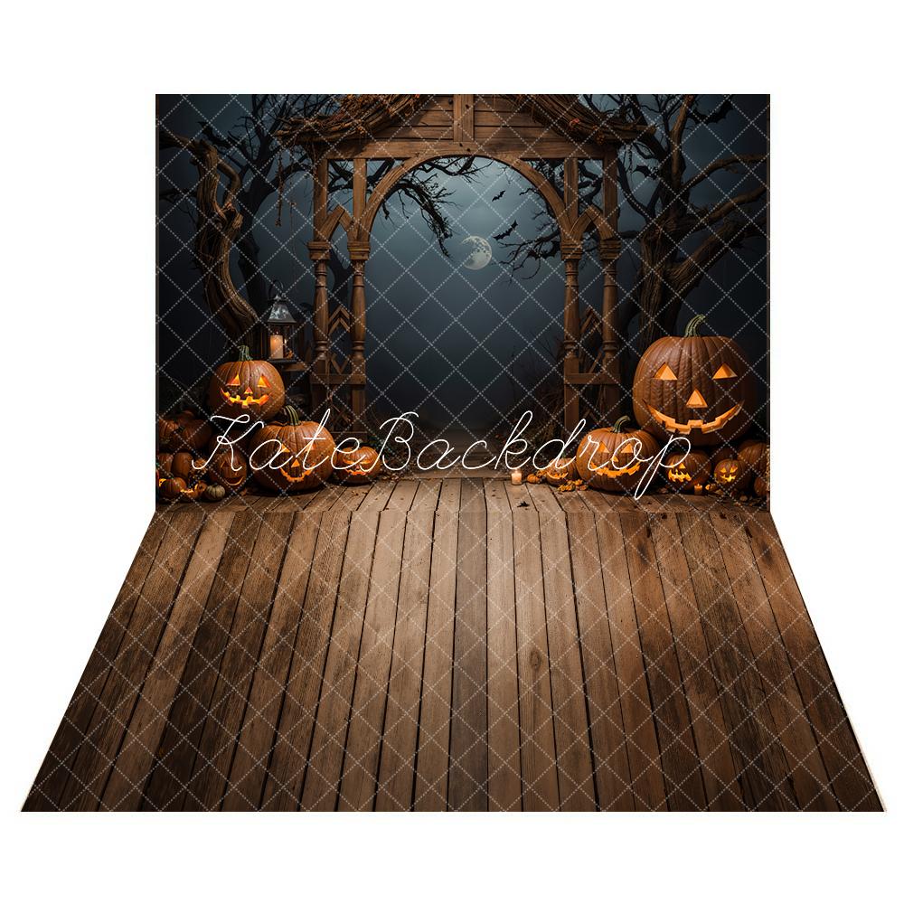 Kate Halloween Dark Pumpkin Arch Backdrop + Wooden Floor Backdrop - Kate Backdrop AU