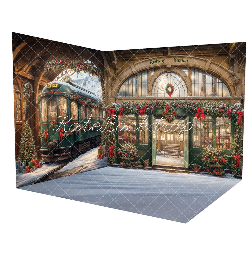 Kate Christmas Tree Arch Green Retro Train Room Set(8ftx8ft&10ftx8ft&8ftx10ft) - Kate Backdrop AU