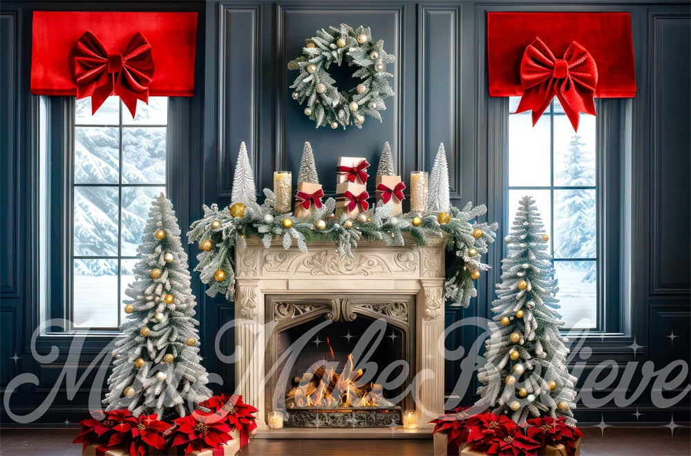 Kate Christmas Tree Navy Fireplace Backdrop Designed by Mini MakeBelieve - Kate Backdrop AU
