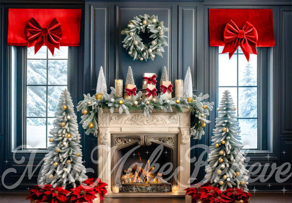 Kate Christmas Tree Navy Fireplace Backdrop Designed by Mini MakeBelieve - Kate Backdrop AU