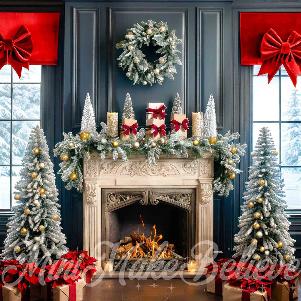 Kate Christmas Tree Navy Fireplace Backdrop Designed by Mini MakeBelieve - Kate Backdrop AU