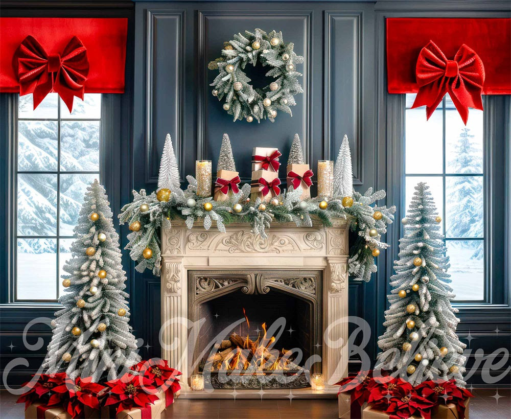 Kate Christmas Tree Navy Fireplace Backdrop Designed by Mini MakeBelieve - Kate Backdrop AU