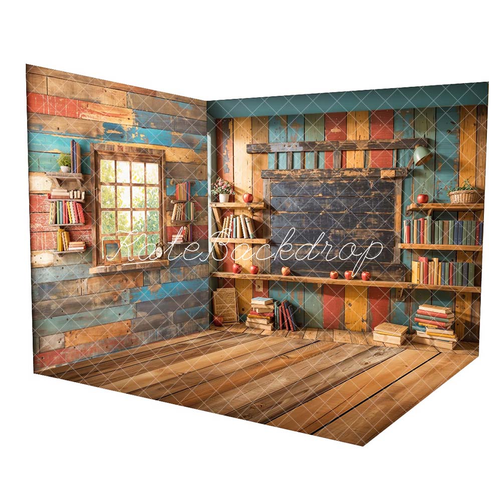 Kate Back to School Window Retro Colorful Log House Room Set(8ftx8ft&10ftx8ft&8ftx10ft) - Kate Backdrop AU