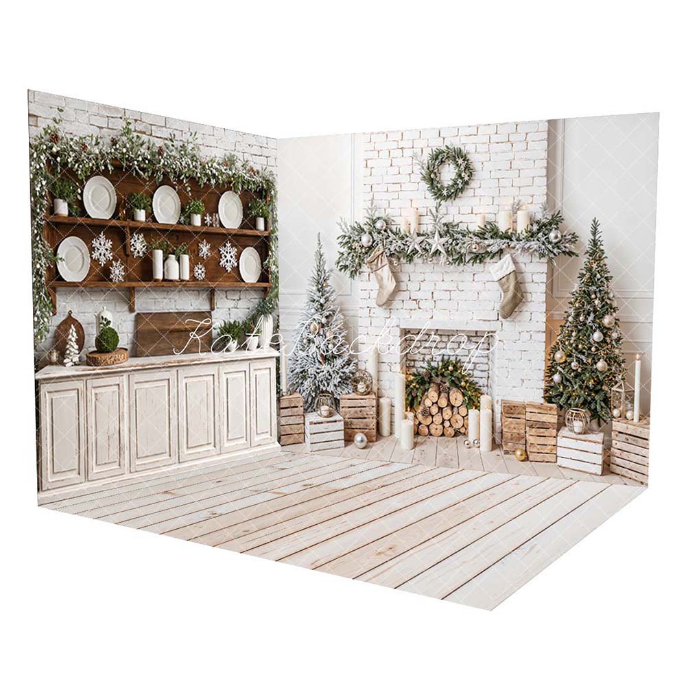 Kate Christmas White Kitchen Brick Wall Room Set(8ftx8ft&10ftx8ft&8ftx10ft) - Kate Backdrop AU