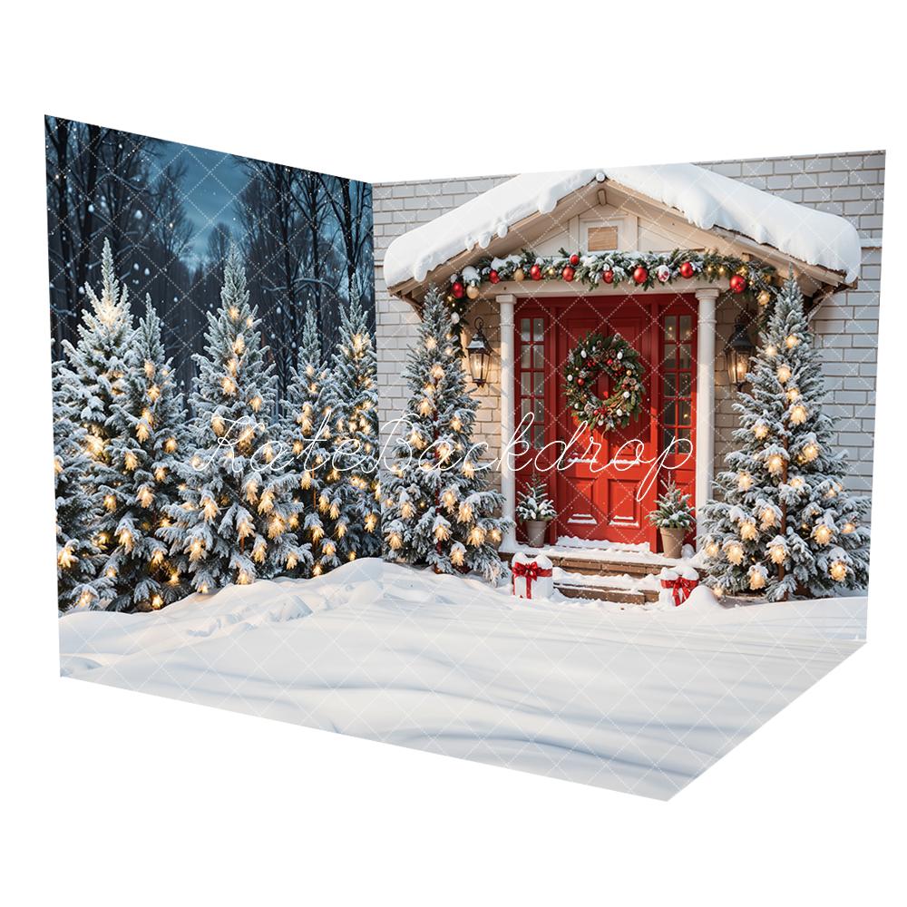 Kate Christmas Snow Forest Red Door Brick House Room Set(8ftx8ft&10ftx8ft&8ftx10ft) - Kate Backdrop AU