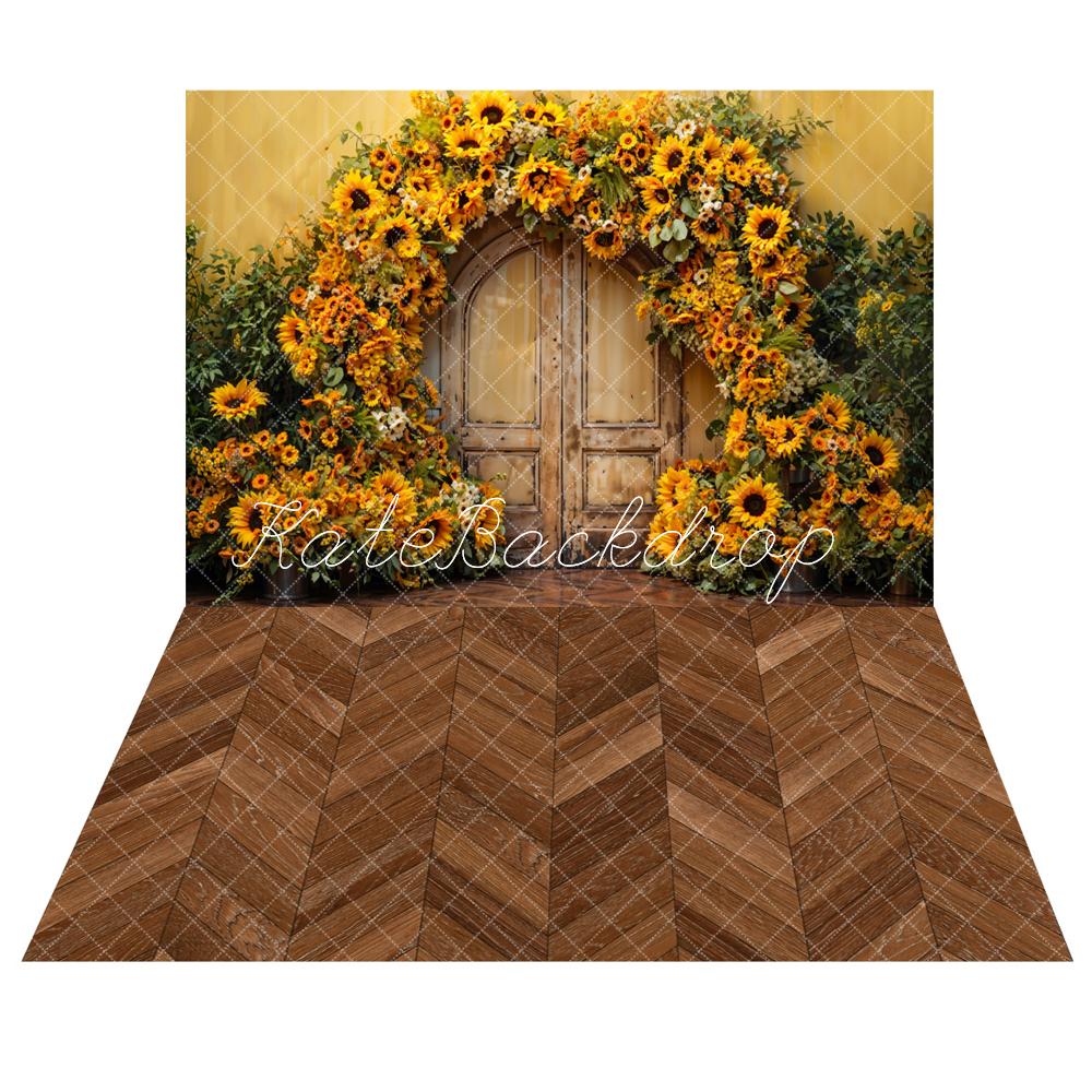 Kate Sunflower Arch Wooden Door Backdrop+Herringbone Wooden Floor Backdrop - Kate Backdrop AU