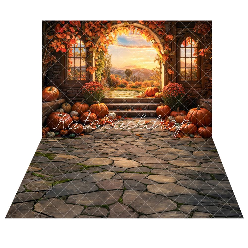 Kate Fall Sunset Pumpkin Arch Backdrop+ Stone Floor Backdrop - Kate Backdrop AU