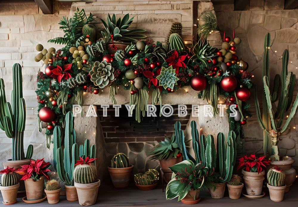 Kate Christmas Backdrop Wild West Green Cactus Brick Fireplace Designed by Patty Robert - Kate Backdrop AU