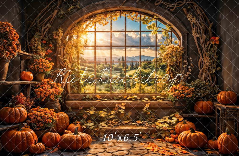 Kate Autumn Flowers Pumpkin Window Backdrop Designed by Emetselch - Kate Backdrop AU