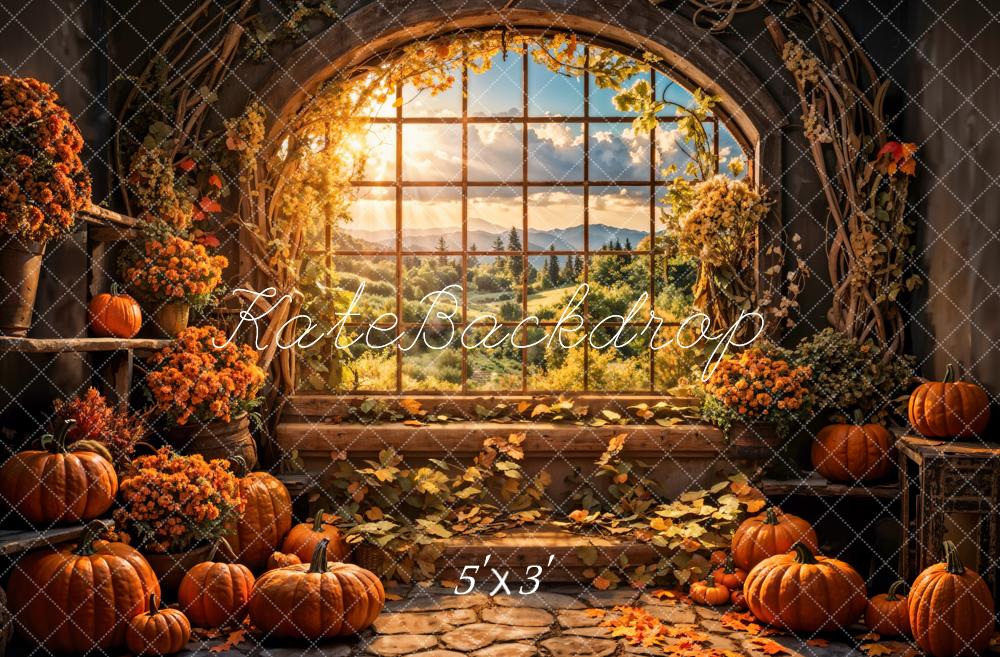 Kate Autumn Flowers Pumpkin Window Backdrop Designed by Emetselch - Kate Backdrop AU