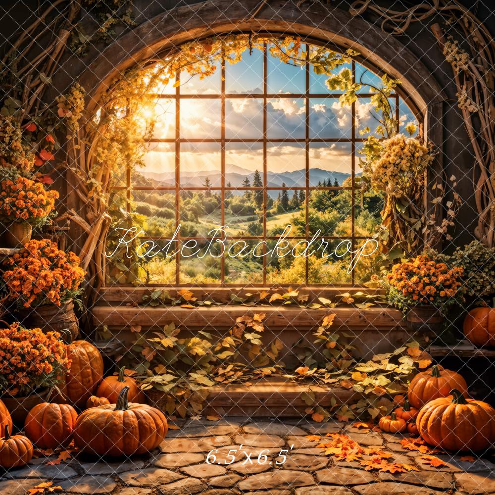 Kate Autumn Flowers Pumpkin Window Backdrop Designed by Emetselch - Kate Backdrop AU