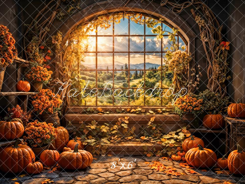 Kate Autumn Flowers Pumpkin Window Backdrop Designed by Emetselch - Kate Backdrop AU