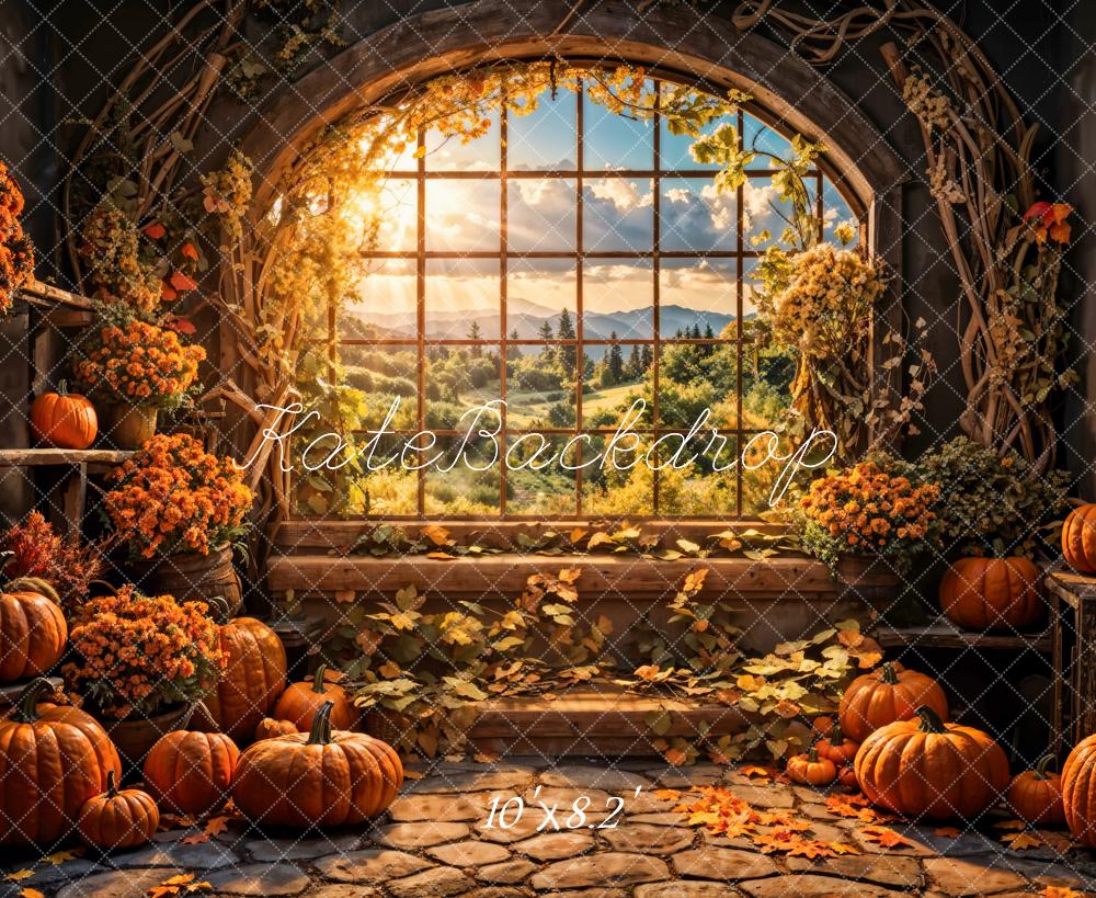 Kate Autumn Flowers Pumpkin Window Backdrop Designed by Emetselch - Kate Backdrop AU