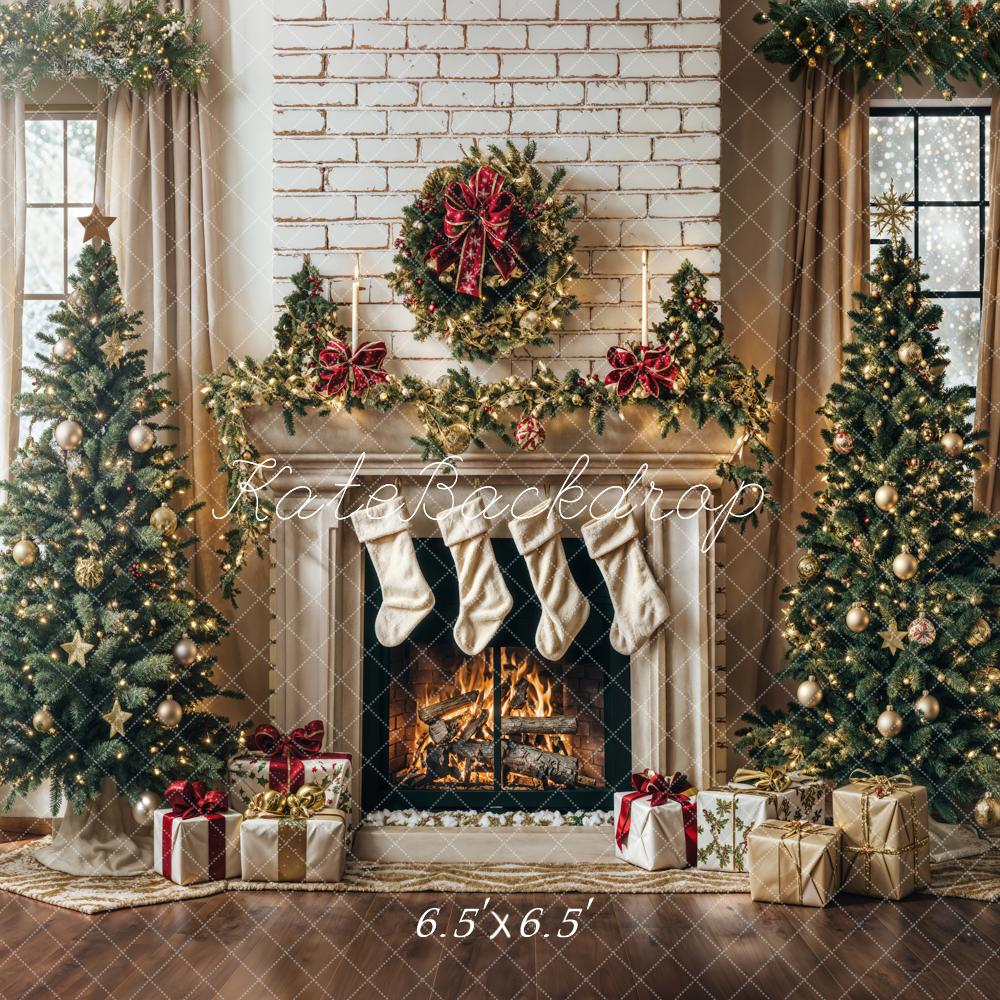 Kate White Brick Wall Christmas Tree Fireplace Backdrop Designed by Emetselch - Kate Backdrop AU