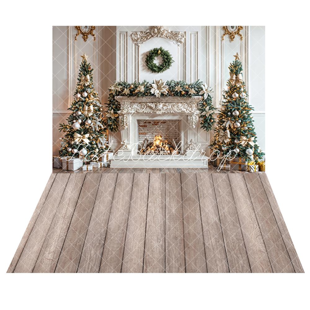 Kate Christmas White Wall Fireplace Wreath Backdrop+Light Brown Wooden Floor Backdrop