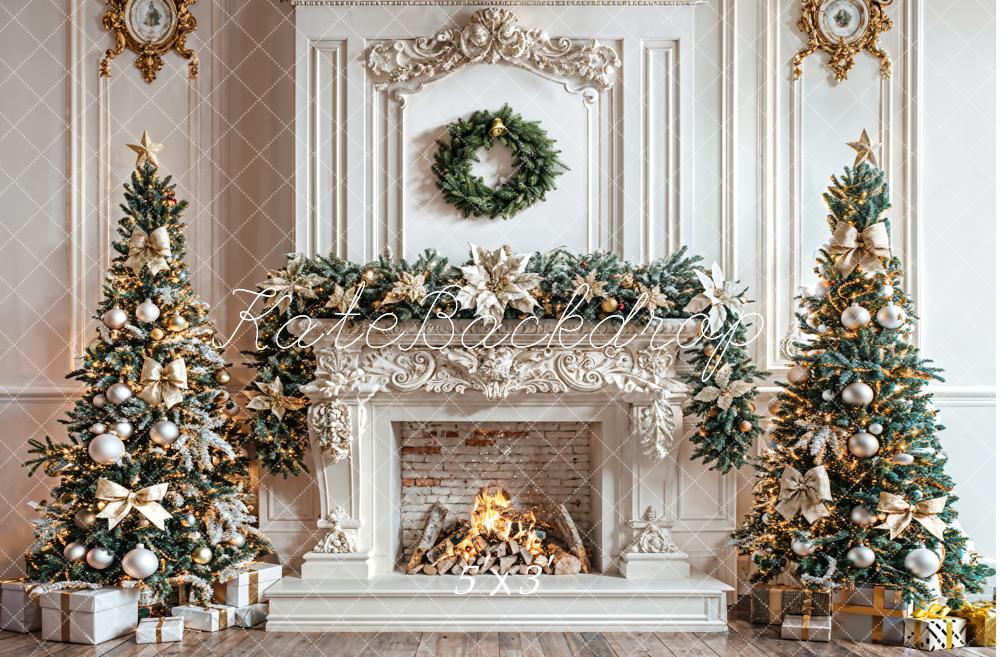 Kate Christmas Tree White Fireplace Wreath Backdrop Designed by Emetselch - Kate Backdrop AU