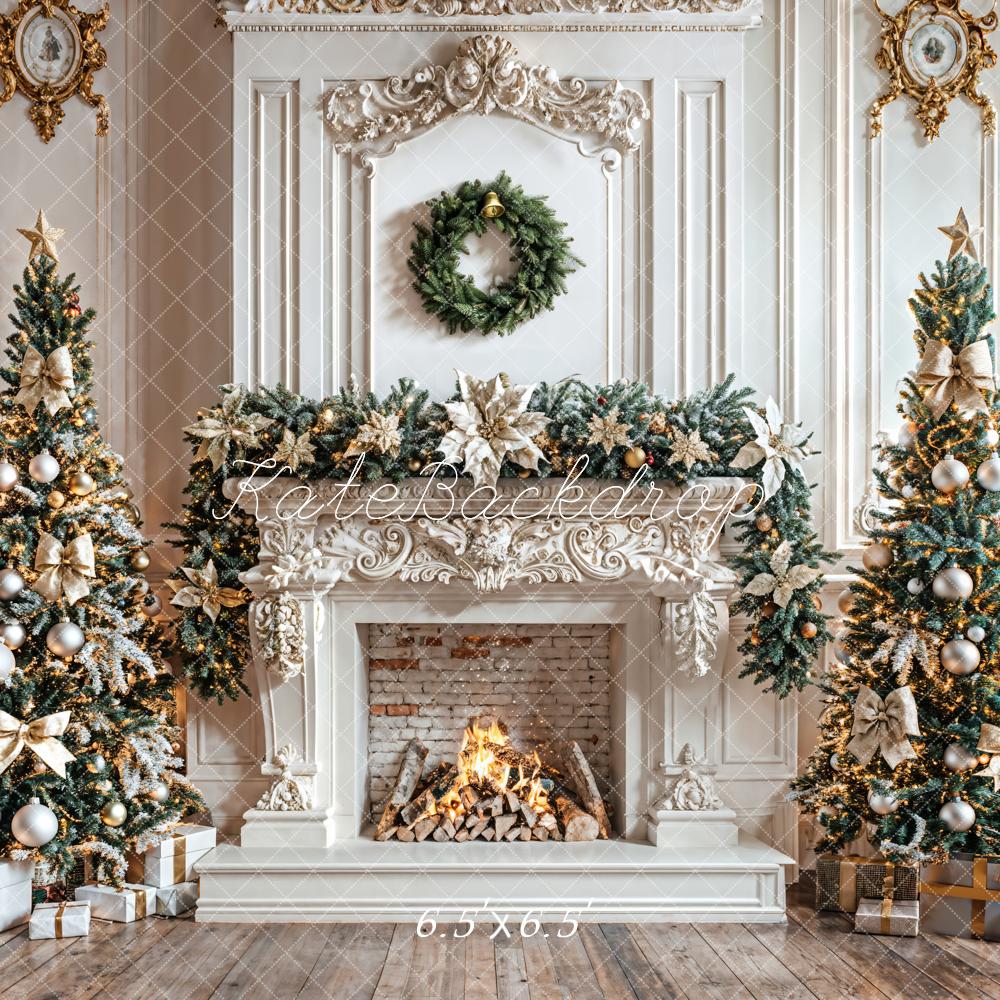 Kate Christmas Tree White Fireplace Wreath Backdrop Designed by Emetselch - Kate Backdrop AU