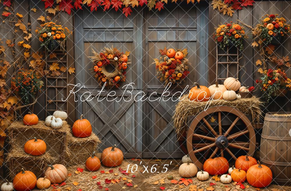 Kate Fall Barn Wood Door Pumpkin Backdrop Designed by Emetselch - Kate Backdrop AU