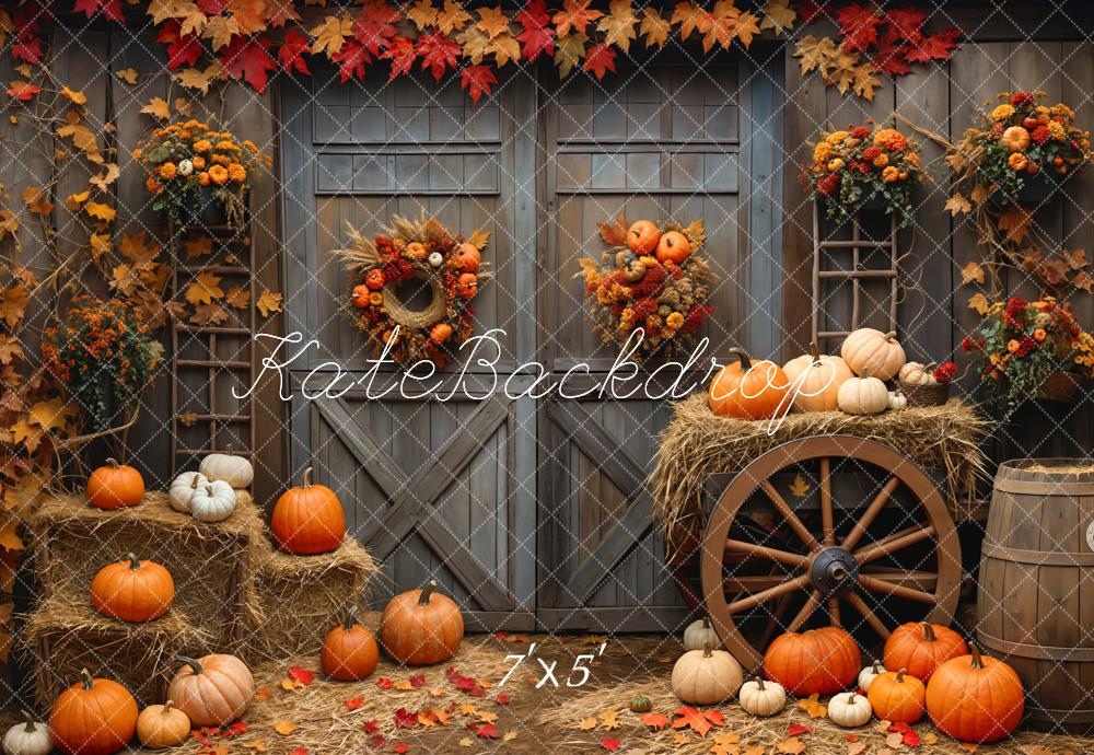 Kate Fall Barn Wood Door Pumpkin Backdrop Designed by Emetselch - Kate Backdrop AU