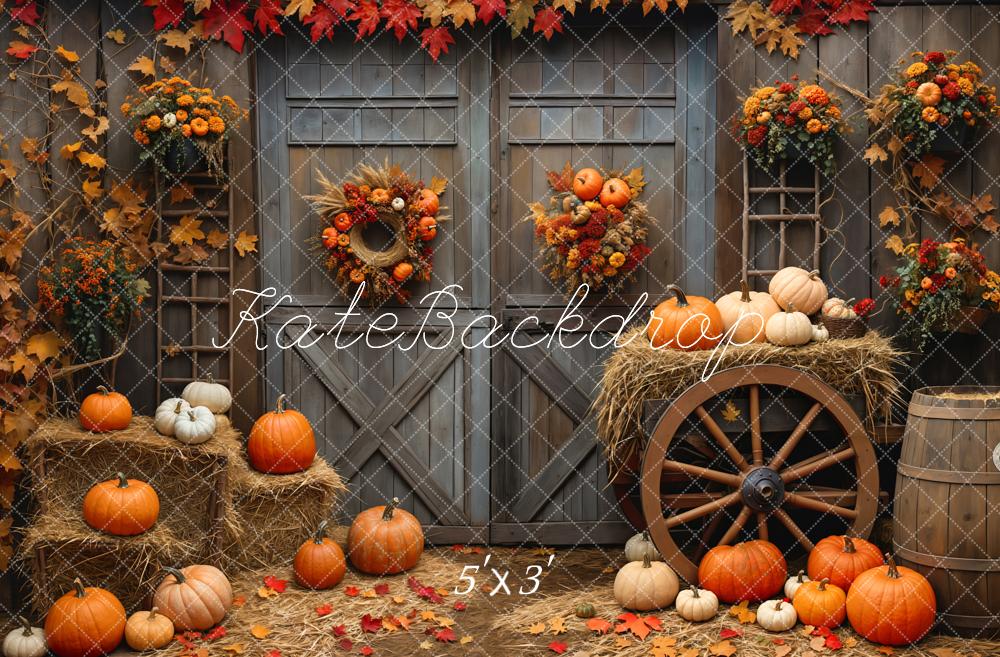 Kate Fall Barn Wood Door Pumpkin Backdrop Designed by Emetselch - Kate Backdrop AU