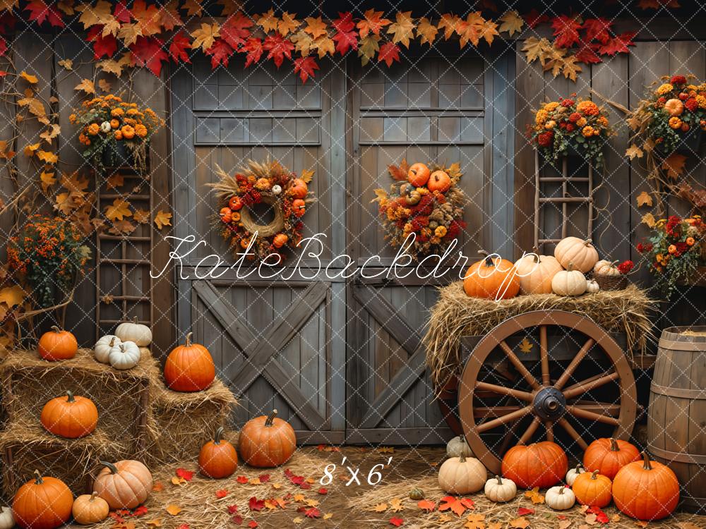 Kate Fall Barn Wood Door Pumpkin Backdrop Designed by Emetselch - Kate Backdrop AU
