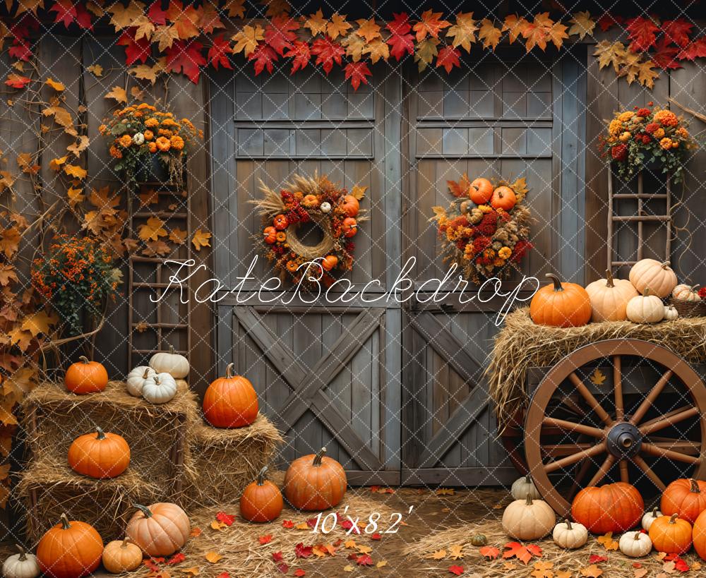Kate Fall Barn Wood Door Pumpkin Backdrop Designed by Emetselch - Kate Backdrop AU