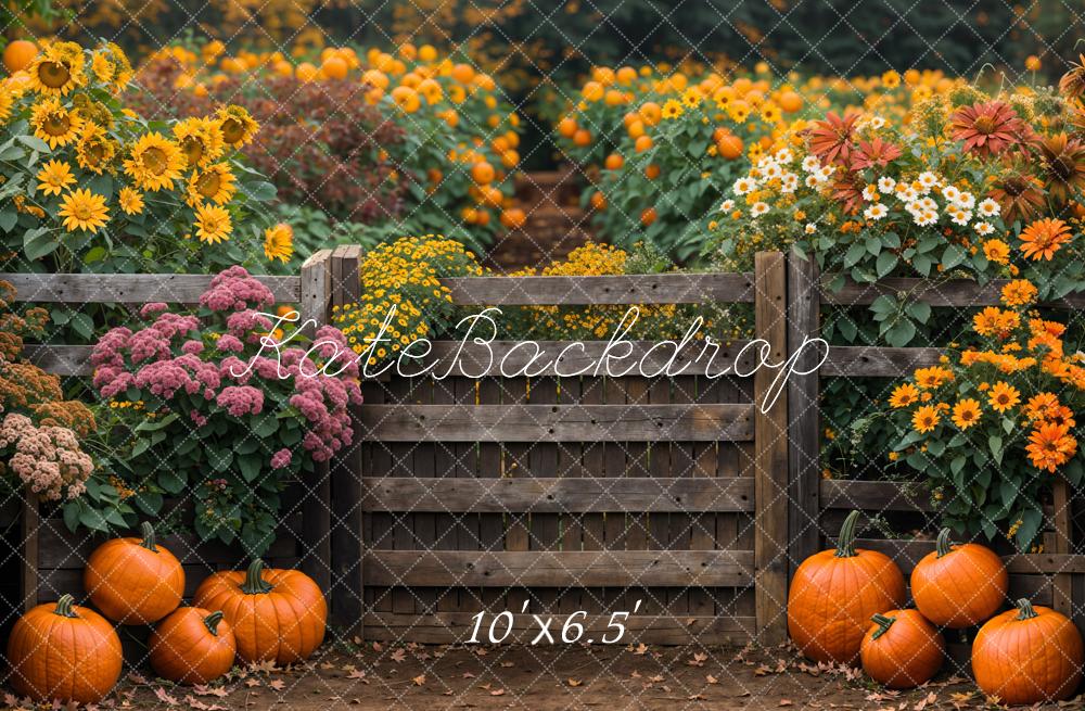 Kate Autumn Flowers Sunflowers Wooden Fence Backdrop Designed by Emetselch - Kate Backdrop AU