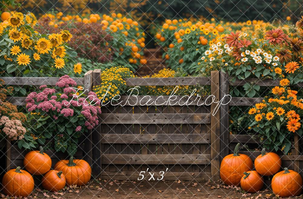 Kate Autumn Flowers Sunflowers Wooden Fence Backdrop Designed by Emetselch - Kate Backdrop AU