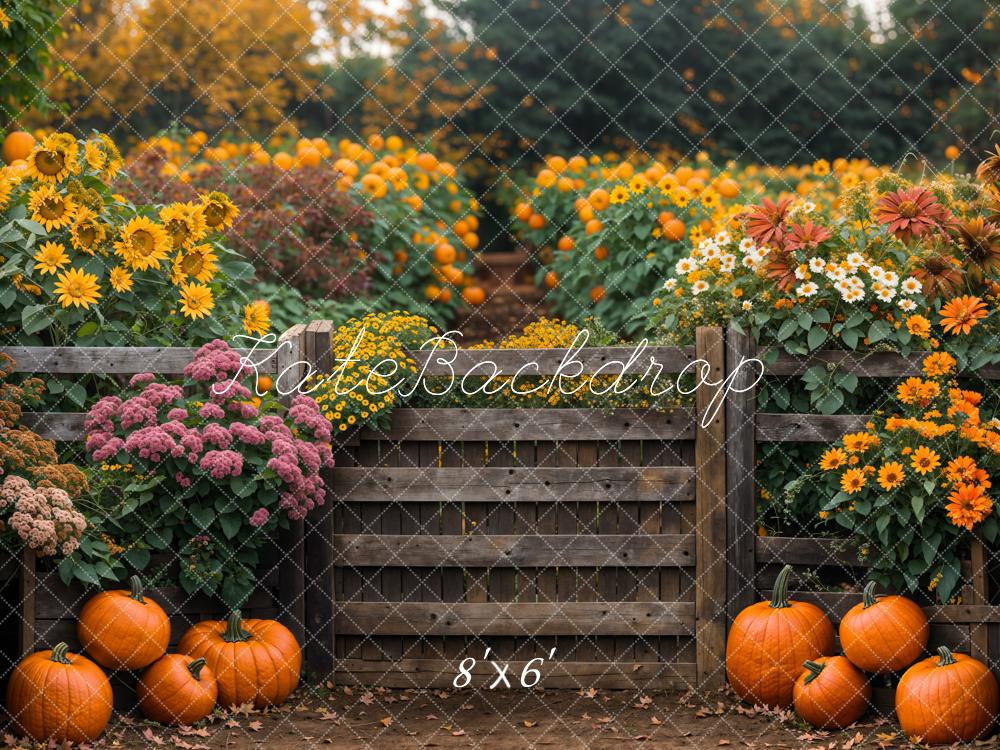 Kate Autumn Flowers Sunflowers Wooden Fence Backdrop Designed by Emetselch - Kate Backdrop AU
