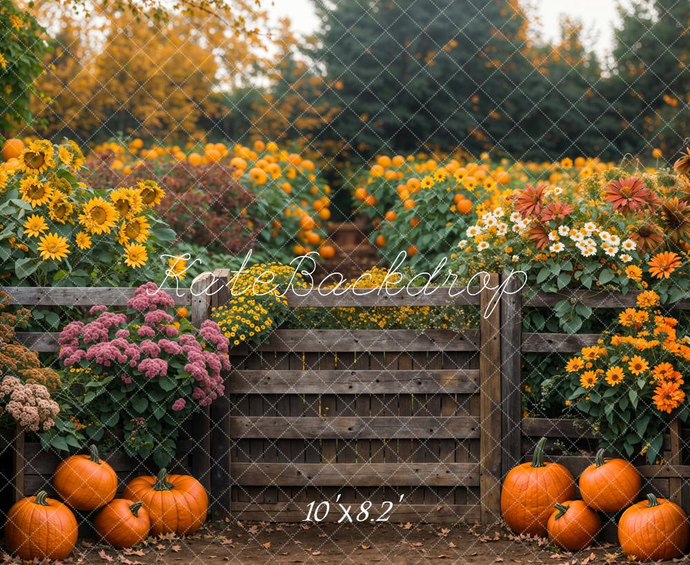 Kate Autumn Flowers Sunflowers Wooden Fence Backdrop Designed by Emetselch - Kate Backdrop AU