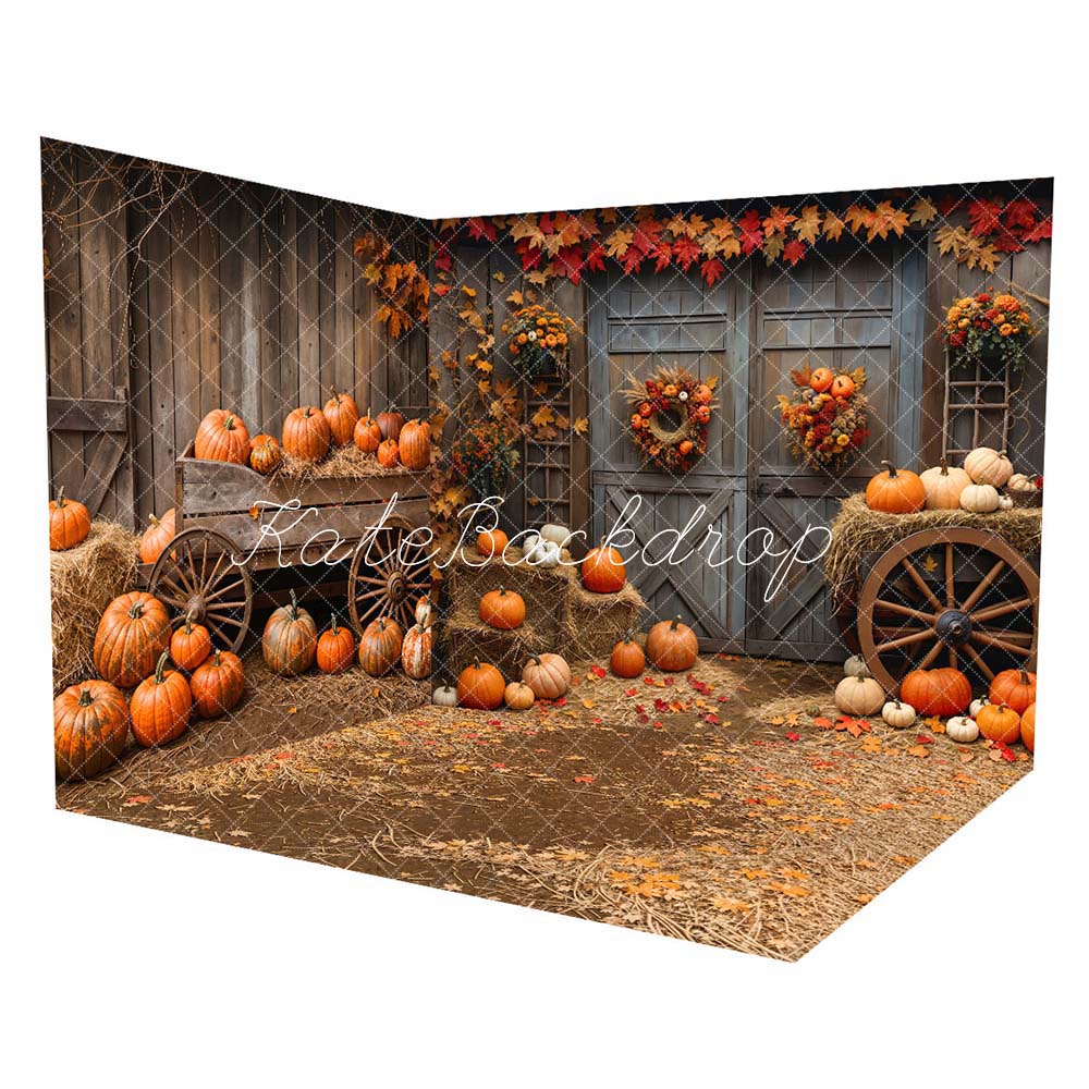 Kate Fall Barn Wood Door Maple Pumpkin Room Set(8ftx8ft&10ftx8ft&8ftx10ft) - Kate Backdrop AU