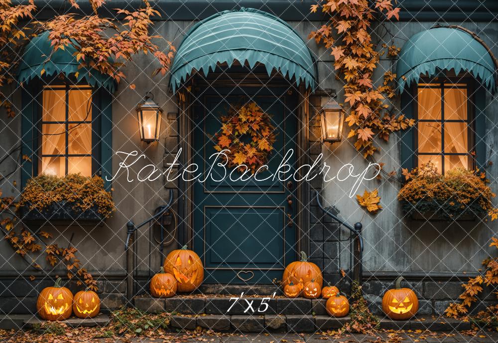 Kate Fall Halloween Maple Leaf Blue House Backdrop Designed by Emetselch - Kate Backdrop AU