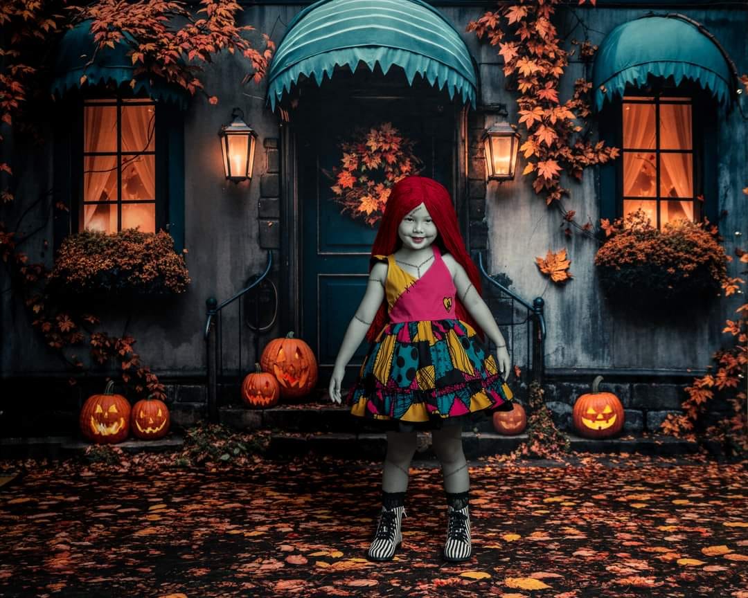 Little girl holding a pumpkin standing in front of Halloween fallen leaves background