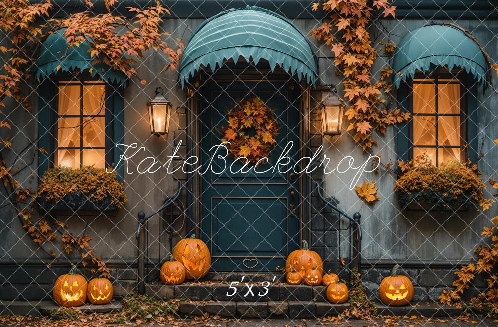 Kate Fall Halloween Maple Leaf Blue House Backdrop Designed by Emetselch - Kate Backdrop AU