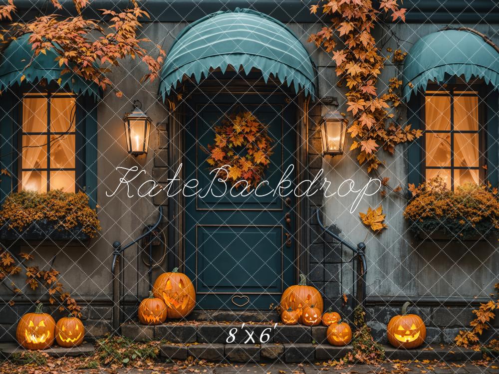Kate Fall Halloween Maple Leaf Blue House Backdrop Designed by Emetselch - Kate Backdrop AU