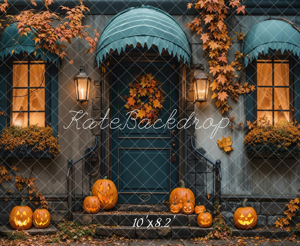 Kate Fall Halloween Maple Leaf Blue House Backdrop Designed by Emetselch - Kate Backdrop AU