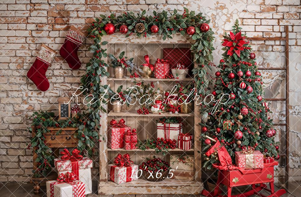 Kate Christmas Tree Retro Brick Wall Backdrop Designed by Emetselch - Kate Backdrop AU