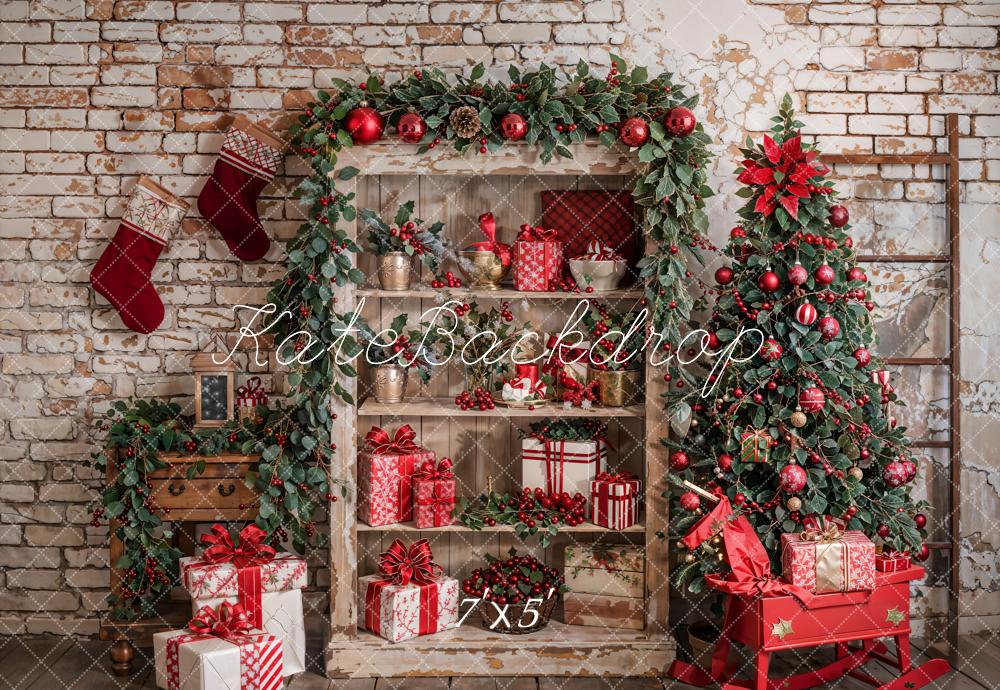 Kate Christmas Tree Retro Brick Wall Backdrop Designed by Emetselch - Kate Backdrop AU